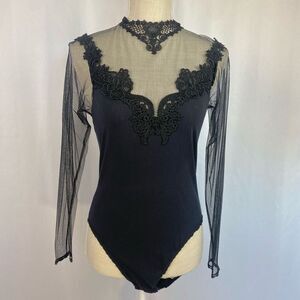 Vintage 90s Y2K Hanky Panky Cotton Women’s Medium Bodysuit Lace Mock Neck Black